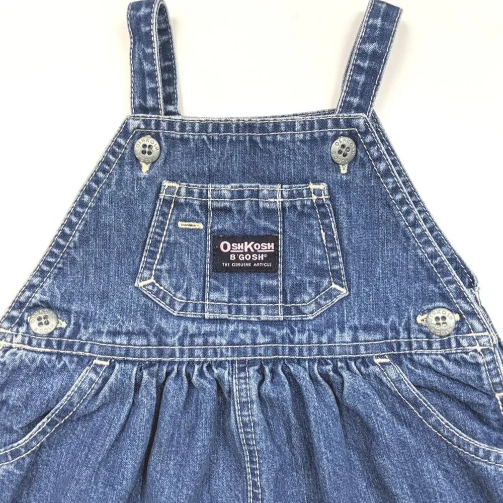 Vintage Oshkosh B'gosh Overalls Dress Baby Girls Size 12m Solid Denim